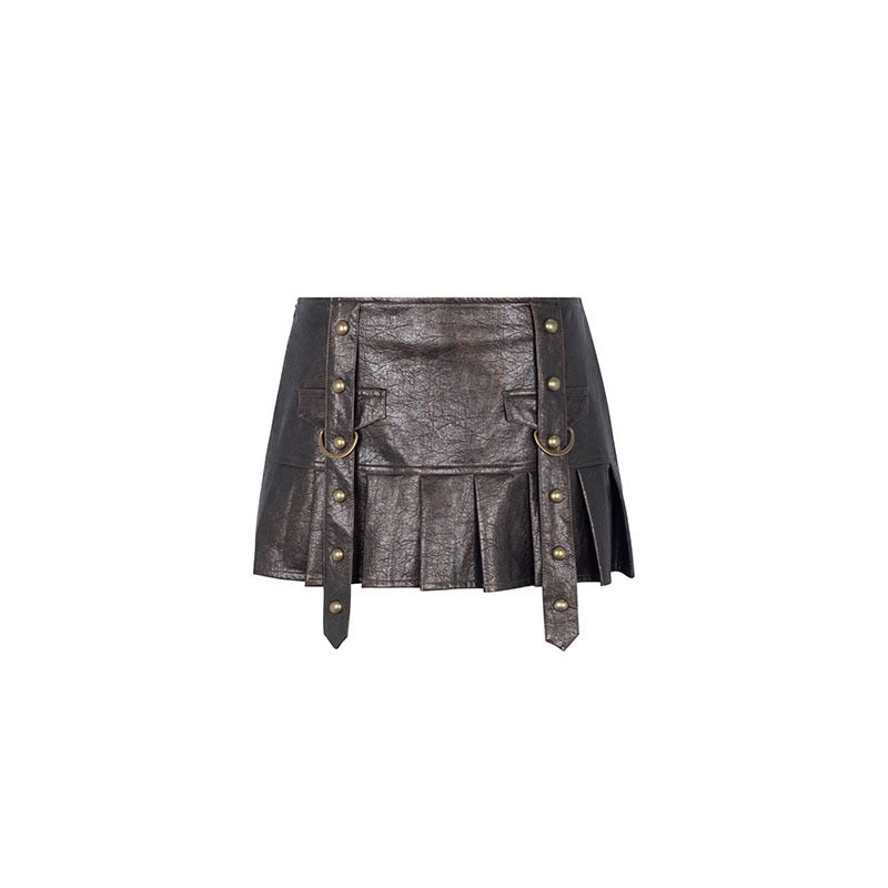 Retro Washed Faux Leather Pleated Skirt