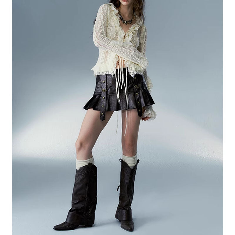 Retro Washed Faux Leather Pleated Skirt