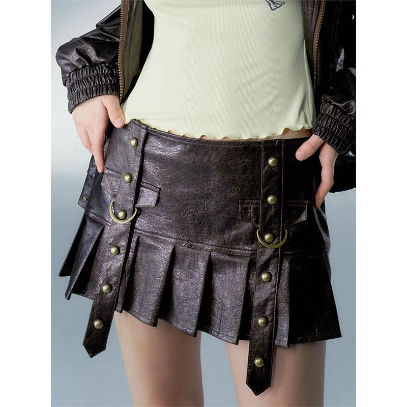 Retro Washed Faux Leather Pleated Skirt